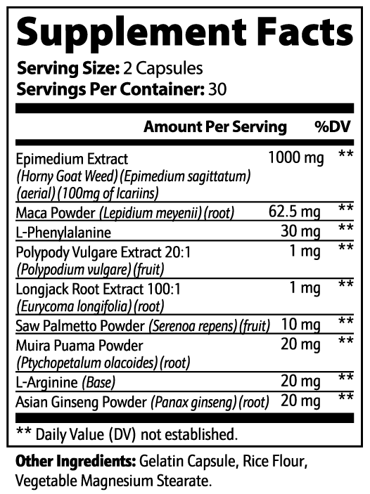 Horny Goat Weed Blend | Epimedium Tongkat Ali Maca Root Panax Ginseng L-Arginine | Male Vitality Energy and Stamina | 60 Capsules